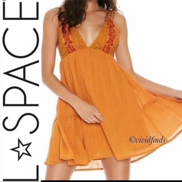 L*Space Mini Halter Crochet Elaina Sun Beach Dress S Orange Boho Swing Mini Sexy - Picture 4 of 11